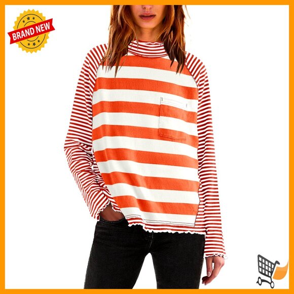 Tops - Long Sleeve Striped Turtleneck Tunic Top Raglan Sleeve Loose Fit Pullover